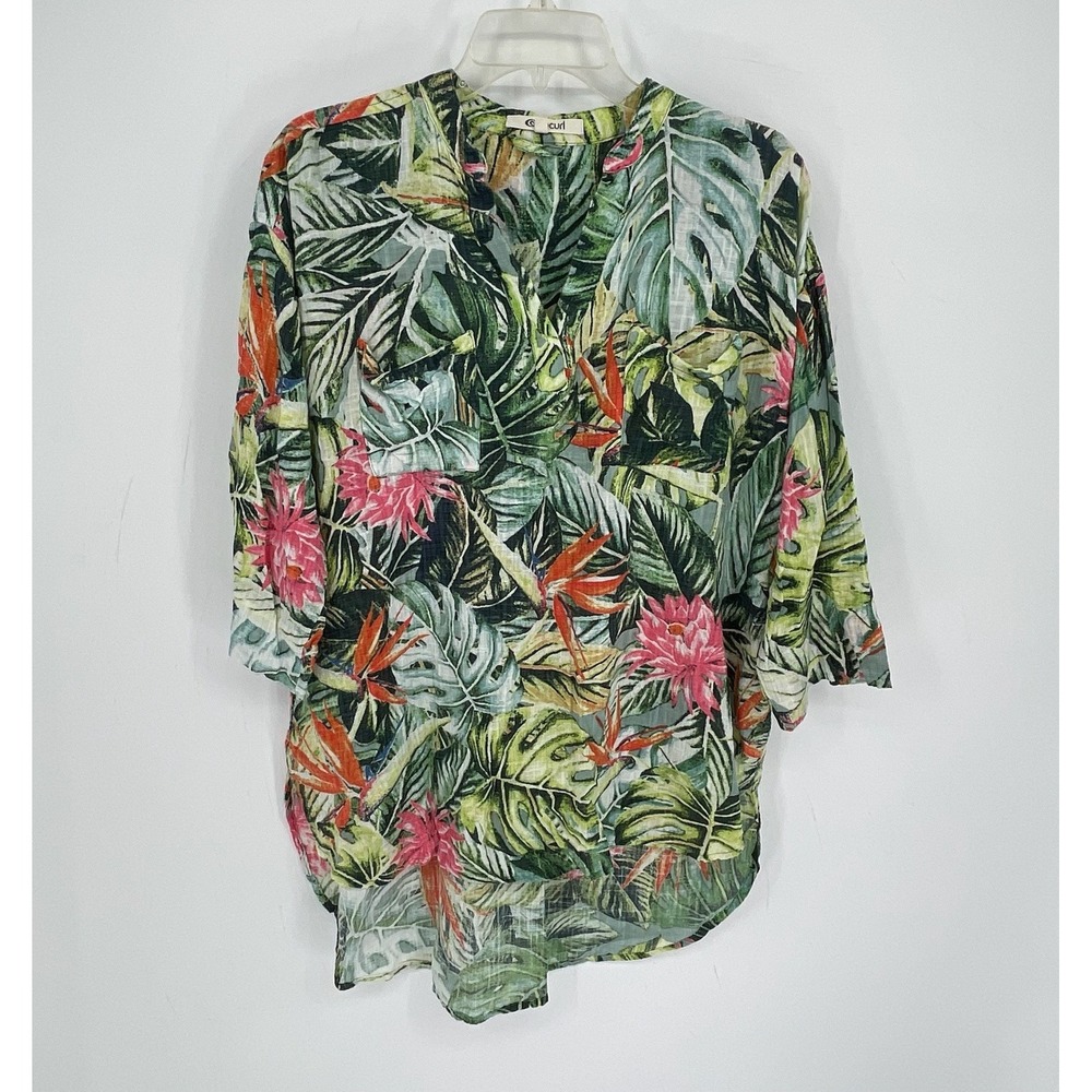 Rip Curl Women's Green V-Neck Tropical Floral Gauze Beach 3/4 Sleeve Top Size L